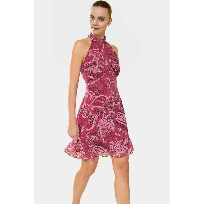 Çiçekli A line Şifon Elbise Halter Yaka Mini Boy Astarlı Konforlu Kesim Modern Stil