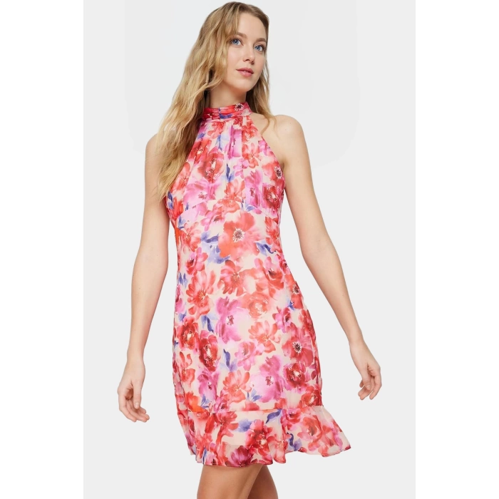 Çiçekli A line Şifon Elbise Halter Yaka Mini Boy Astarlı Konforlu Kesim Modern Stil