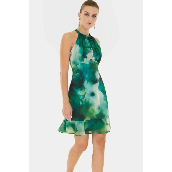 Çiçekli A line Şifon Elbise Halter Yaka Mini Boy Astarlı Konforlu Kesim Modern Stil