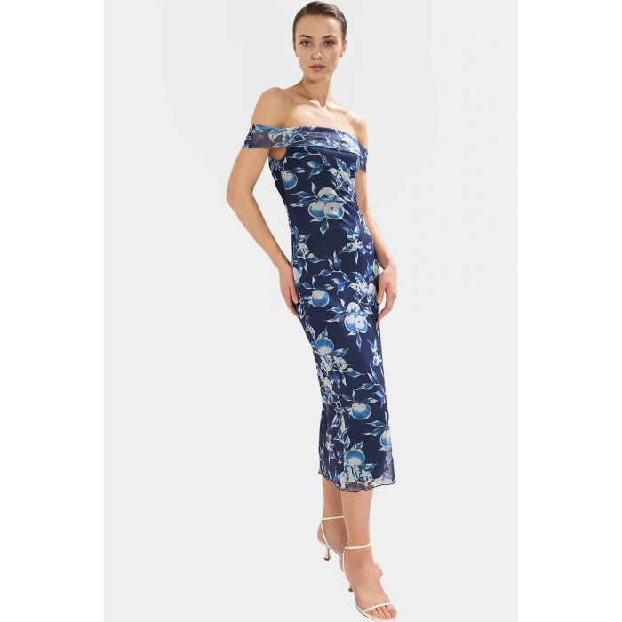 Çiçekli Bodycon Midi Elbise Tül Dokuma Carmen Yaka Rahat Kalıp Günlük Kullanım İçin