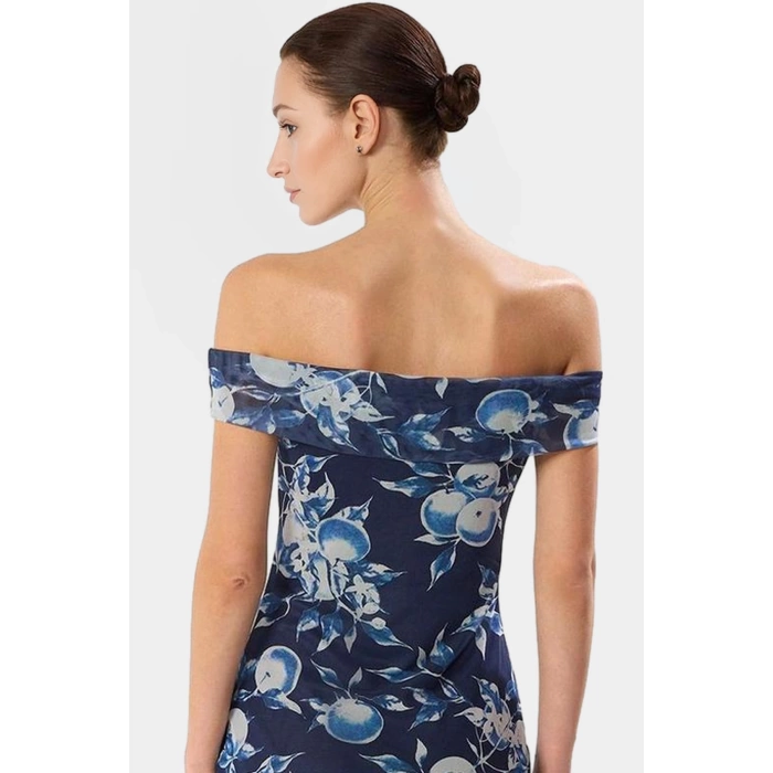 Çiçekli Bodycon Midi Elbise Tül Dokuma Carmen Yaka Rahat Kalıp Günlük Kullanım İçin