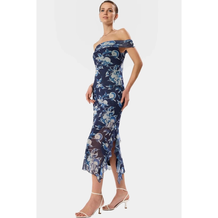 Çiçekli Bodycon Midi Elbise Tül Dokuma Carmen Yaka Rahat Kalıp Günlük Kullanım İçin