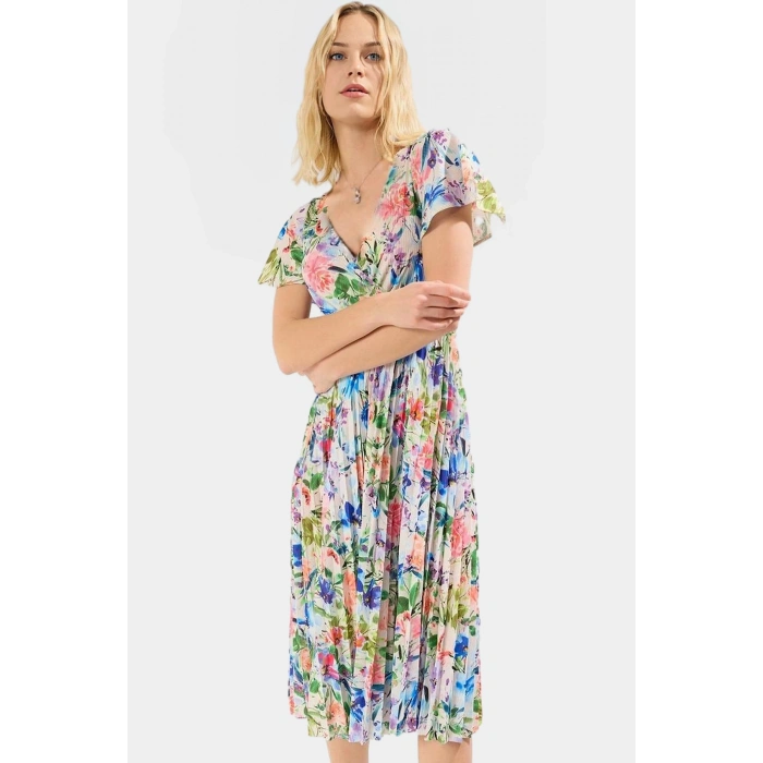 Çiçekli Desenli Midi Boy Piliseli Elbise 95% Polyester Rahat Günlük Stil Yüksek Kalite