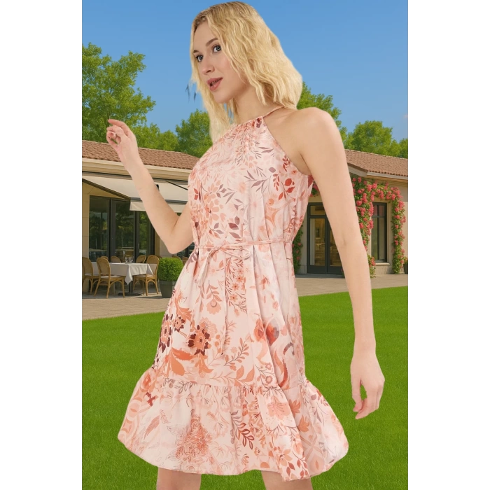 Çiçekli Desenli Mini Şifon Elbise Düz Kesim Halter Yaka Yazlık Modern Stil Günlük Kullanım İçin