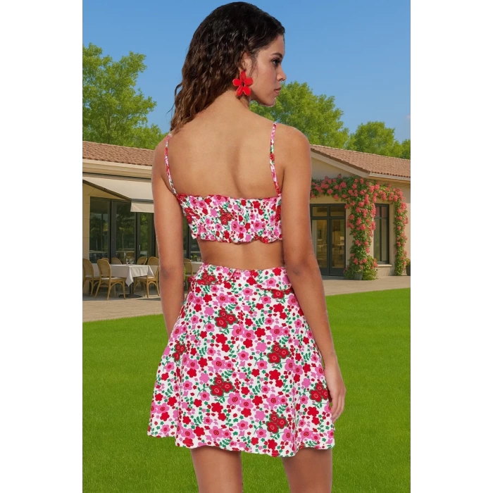 Çiçekli Desenli Mini Viskoz Elbise Cut Out Detaylı Skater Plaj Mükemmel Uyum Özenle Seçilmiş