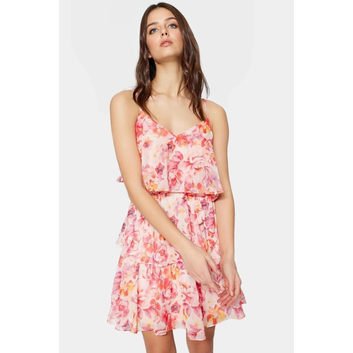 Çiçekli Desenli Şifon Mini Elbise V Yaka Kısa Boy Fırfırlı Özel Tasarım Modern Stil
