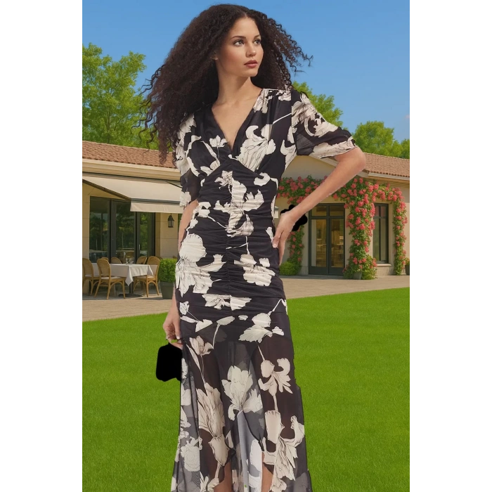 Çiçekli Desenli V Yaka Maxi Elbise Örme Kumaş Astarlı Bodycon Özenle Seçilmiş Zarifane Tasarım