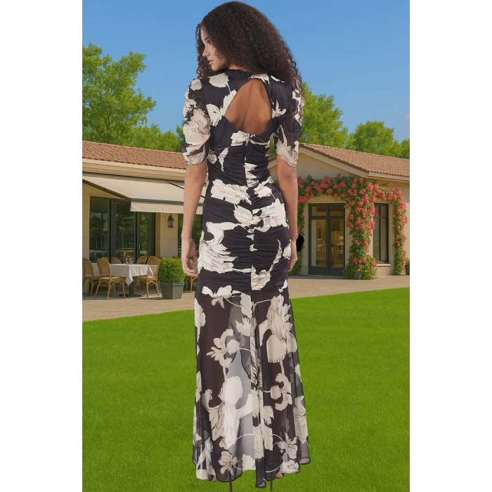 Çiçekli Desenli V Yaka Maxi Elbise Örme Kumaş Astarlı Bodycon Özenle Seçilmiş Zarifane Tasarım
