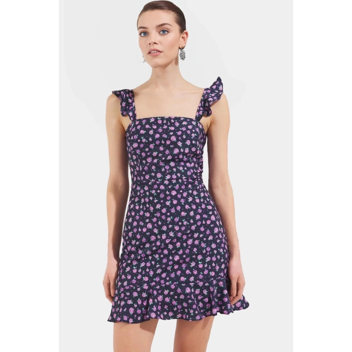 Çiçekli Mini A Line Elbise Moss Krep Dokuma Polyester Yazlık Şık Rahat Ve Dayanıklı Malzeme