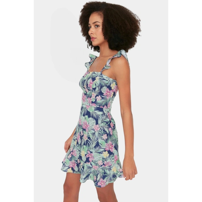 Çiçekli Mini A Line Elbise Moss Krep Dokuma Polyester Yazlık Şık Rahat Ve Dayanıklı Malzeme