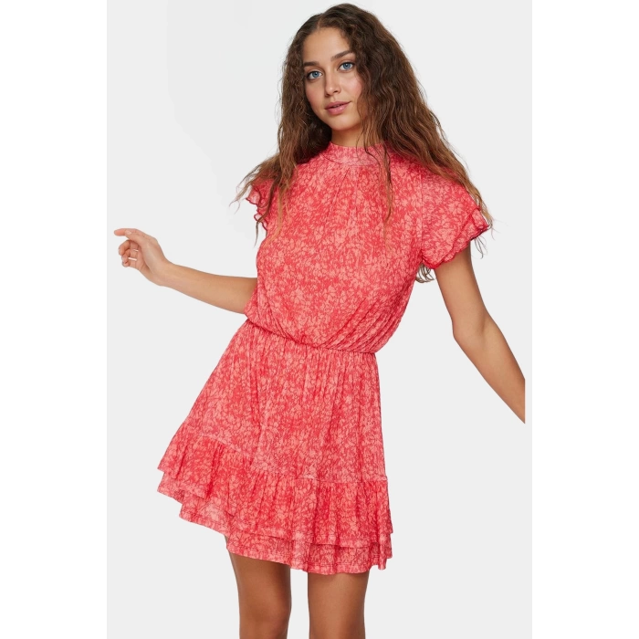 Çiçekli Mini Elbise Astarlı Kısa Kollu Dik Yaka Polyester Yazlık Dayanıklı Malzeme