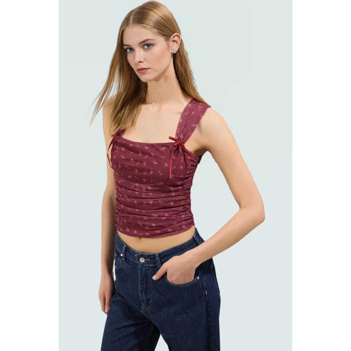 Çiçekli Örme Tül Bluz Fitted Kalıp Rahat Yazlık Trend Tasarım Zarifane