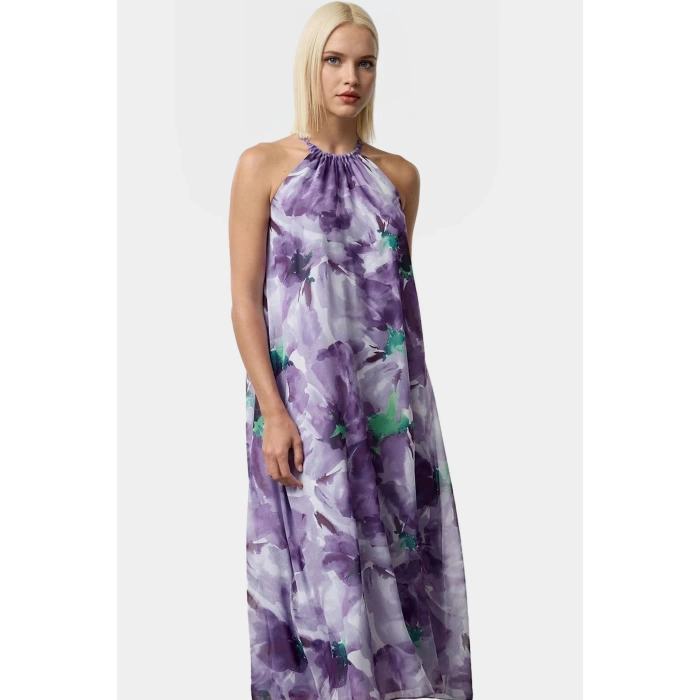 Çiçekli Shift Maxi Elbise Şifon Kumaş Halter Yaka Yazlık Kaliteli İşçilik