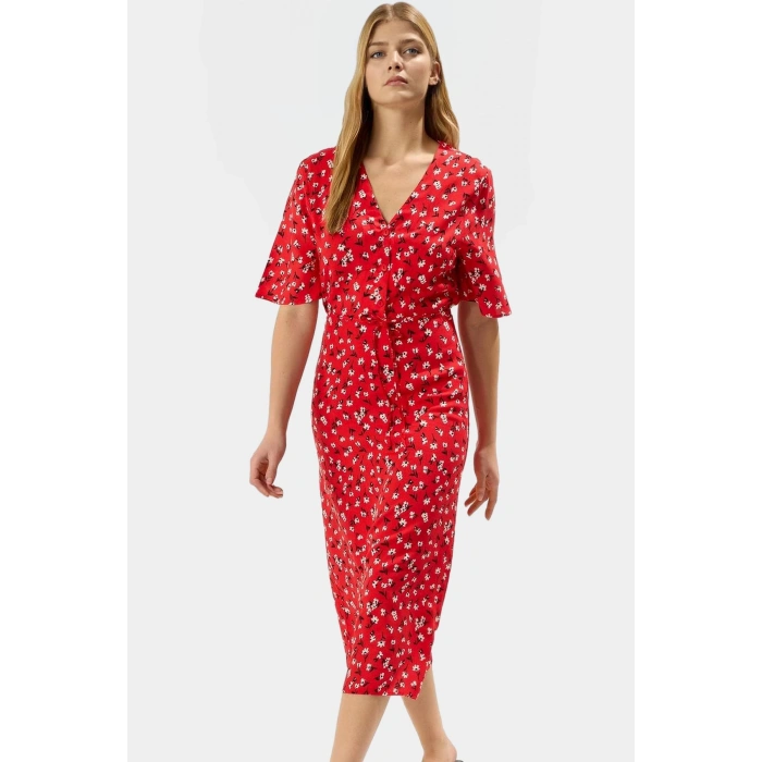 Çiçekli Viskoz Midi Elbise A line Kesim Kısa Kollu Rahat ve Şık Modern Stil
