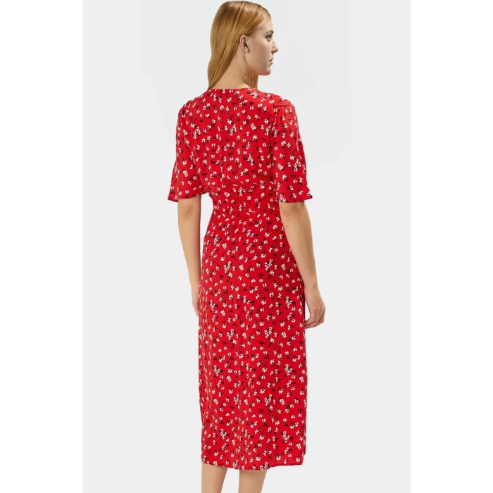 Çiçekli Viskoz Midi Elbise A line Kesim Kısa Kollu Rahat ve Şık Modern Stil