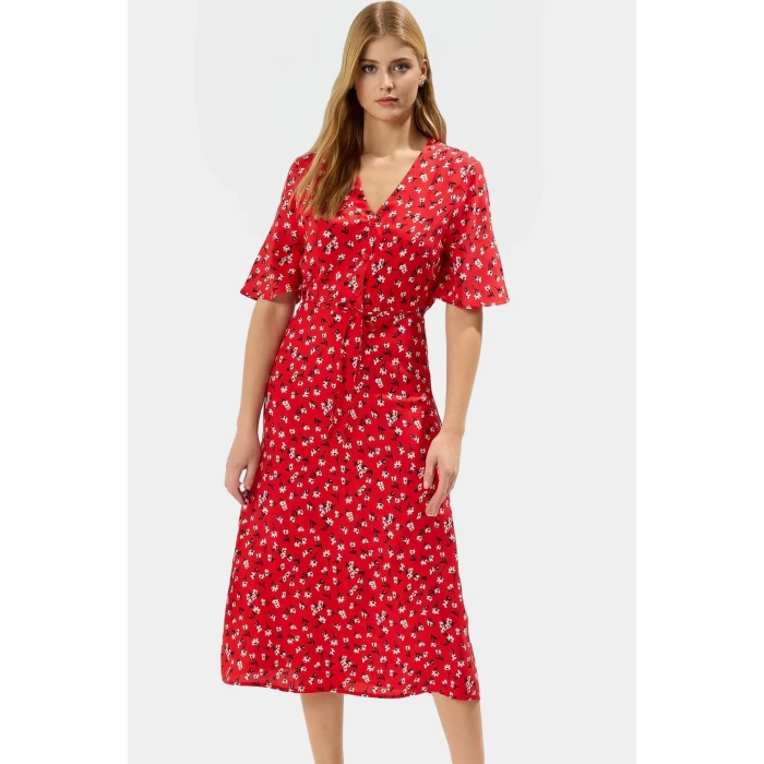 Çiçekli Viskoz Midi Elbise A line Kesim Kısa Kollu Rahat ve Şık Modern Stil
