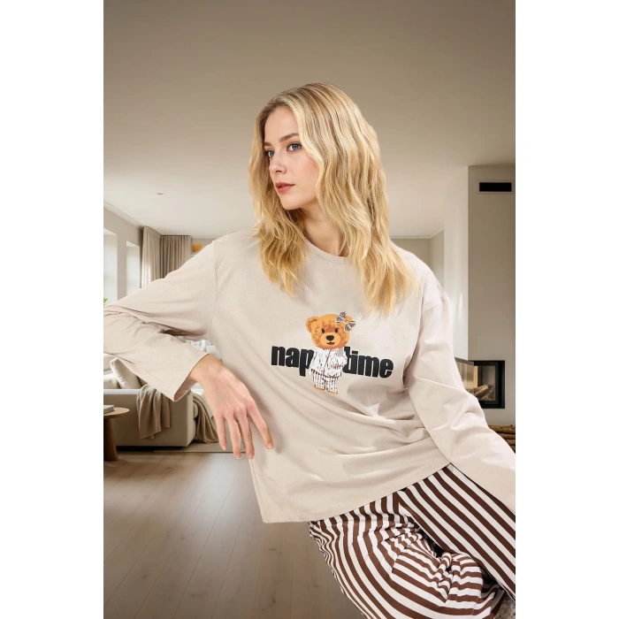 Çizgili Ayıcıklı Kadın Pijama Takımı %100 Pamuk Rahat ve Şık Yüksek Kalite Seçkin Malzeme