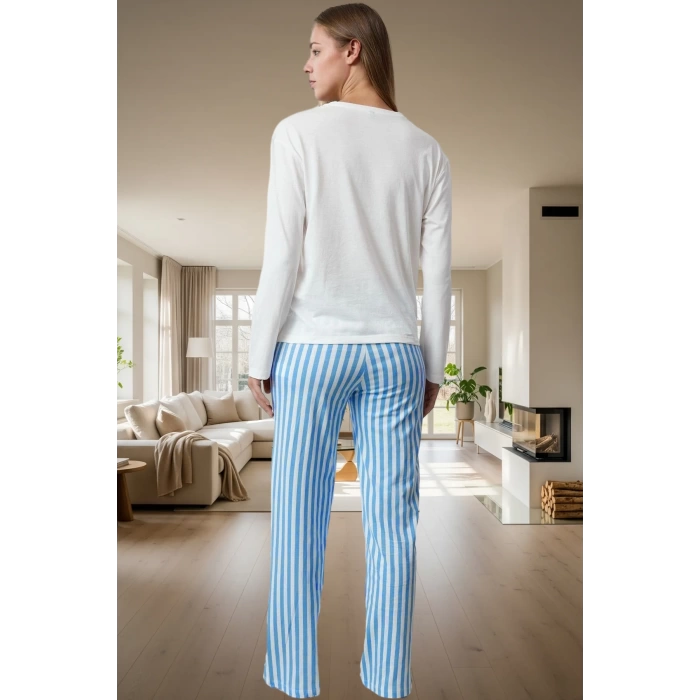 Çizgili Ayıcıklı Kadın Pijama Takımı %100 Pamuk Rahat ve Şık Yüksek Kalite Seçkin Malzeme