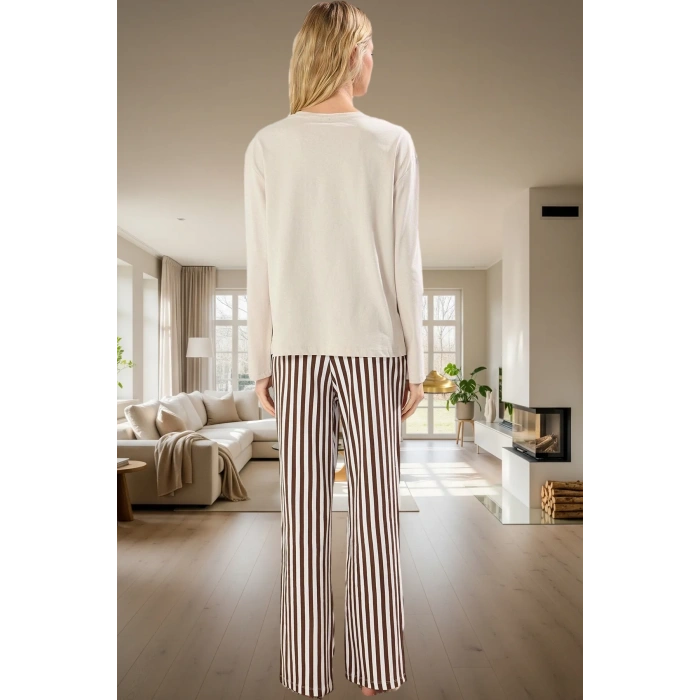 Çizgili Ayıcıklı Kadın Pijama Takımı %100 Pamuk Rahat ve Şık Yüksek Kalite Seçkin Malzeme