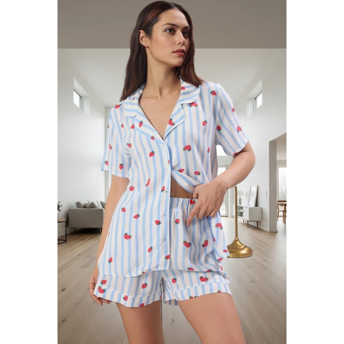 Çizgili Çilek Desenli Viskoz Şortlu Pijama Takımı Yazlık Regular Profesyonel Görünüm