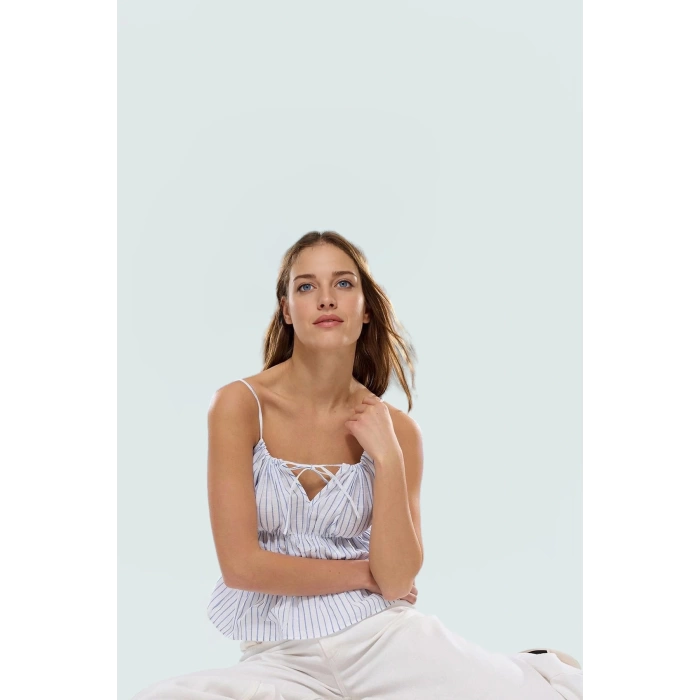 Çizgili Dokuma Bluz Renk Kolsuz Fitted Kalıp Rahat Yazlık Günlük Kullanım İçin