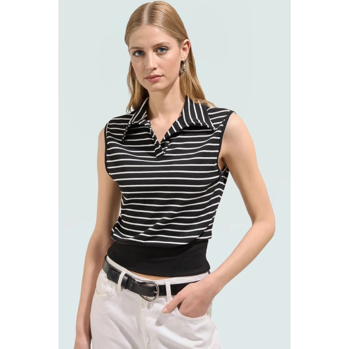 Çizgili Fitted Polo Yaka Yazlık Bluz Rahat Günlük Seçkin Malzeme Premium Kalite