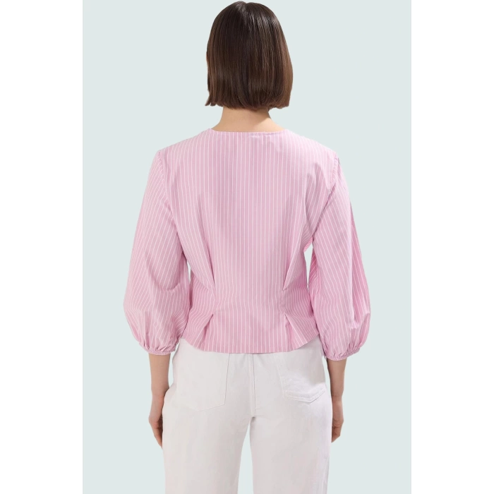 Çizgili Fitted Terrycotton Bluz Kısa Kol Yazlık Günlük Konforlu Kesim Zarifane Tasarım