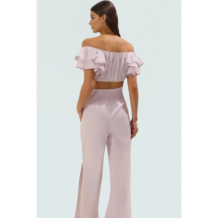 Çizgili Pamuklu Bluz Pantolon Takım Plaj ve Günlük Stil Konforlu Kesim Rahat Şık