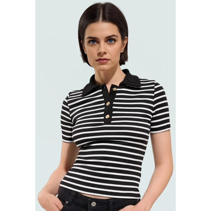 Çizgili Polo Yaka Fitted Örme Bluz Kaliteli İşçilik Dayanıklı Malzeme Özel Tasarım