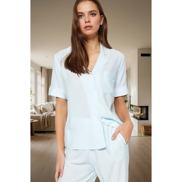 Çizgili Rahat Viskoz Pijama Takımı %100 Shally Dokuma Mükemmel Uyum Uzun Ömürlü