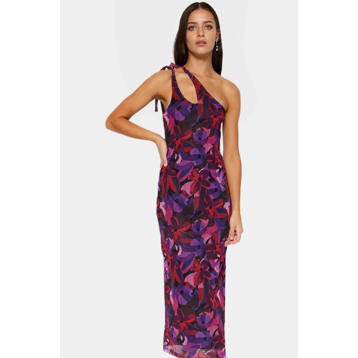 Çok Çiçek Desenli Maxi Elbise İnce Askılı Bodycon Örme Seçkin Malzeme Premium Kalite