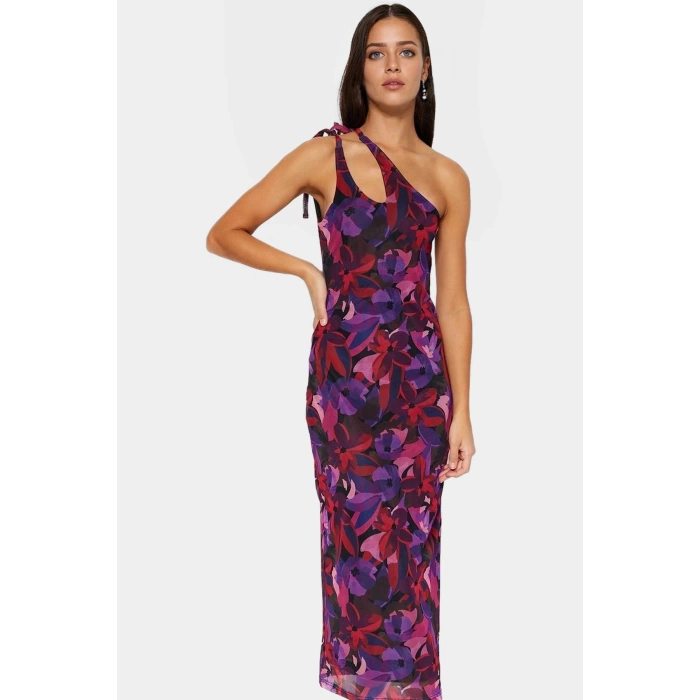 Çok Çiçek Desenli Maxi Elbise İnce Askılı Bodycon Örme Seçkin Malzeme Premium Kalite