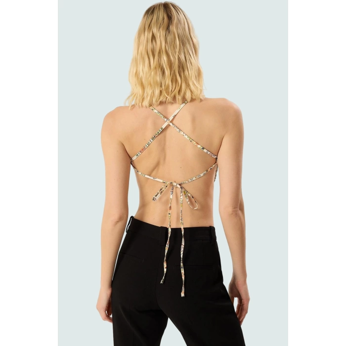 Çok Polyester Crop Bluz Degaje Yaka İnce Askılı Yazlık Tasarım Modern Stil