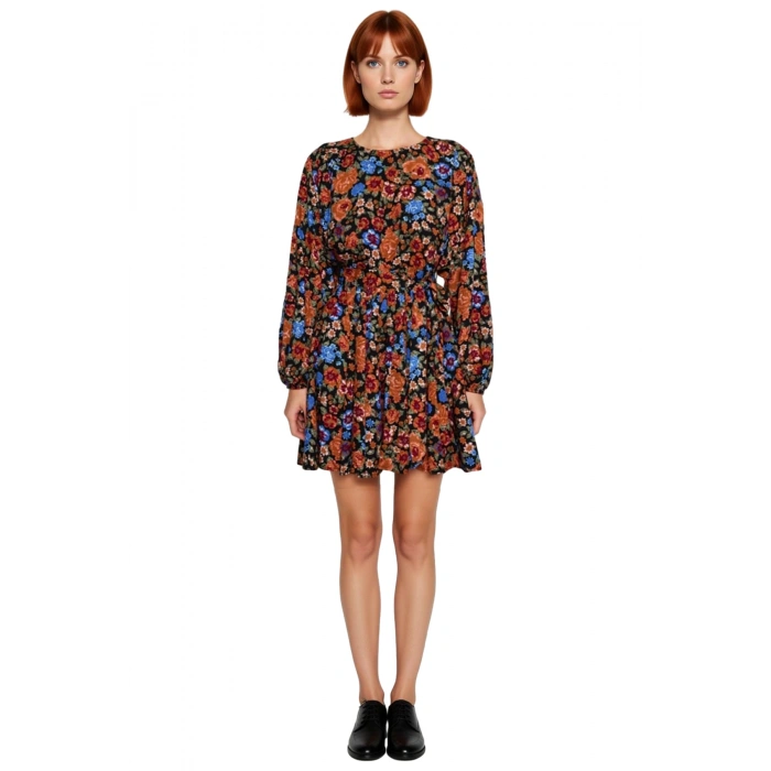 Çok Renkli Çiçekli Kadın Mini Elbise Kuşak Detaylı Uzun Balon Kollu Bisiklet Yaka Skater Kalıp