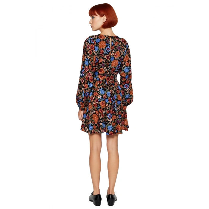 Çok Renkli Çiçekli Kadın Mini Elbise Kuşak Detaylı Uzun Balon Kollu Bisiklet Yaka Skater Kalıp