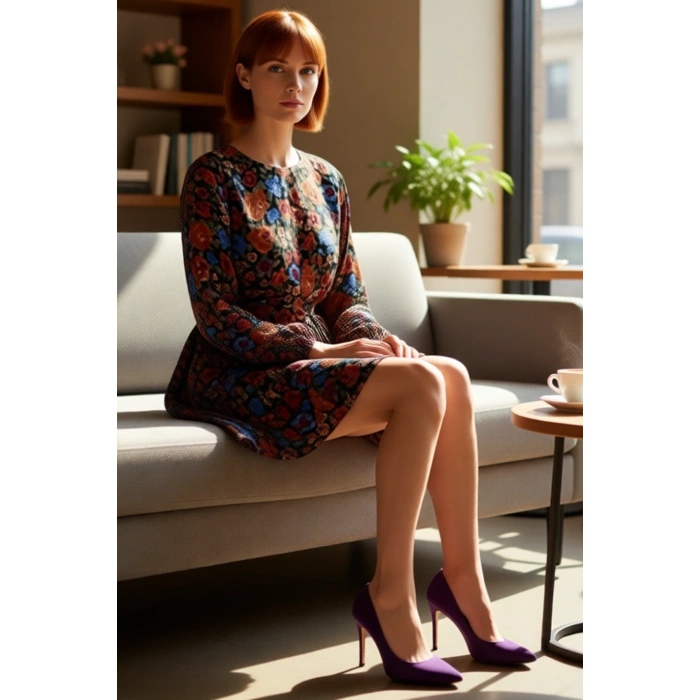 Çok Renkli Çiçekli Kadın Mini Elbise Kuşak Detaylı Uzun Balon Kollu Bisiklet Yaka Skater Kalıp