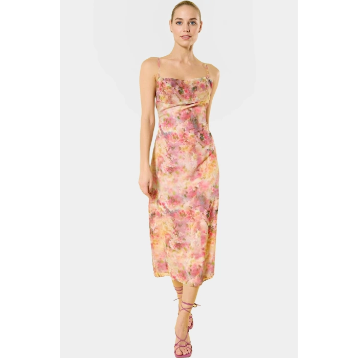 Çok Soyut Desenli A line Şifon Midi Elbise Yaz İçin Mükemmel Trend Tasarım Modern Stil