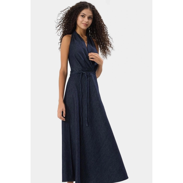 Cool & Comfort Denim Maxi Elbise Pamuk Halter Yaka Volanlı Detay Rahat Ve Şık Yüksek Kalite