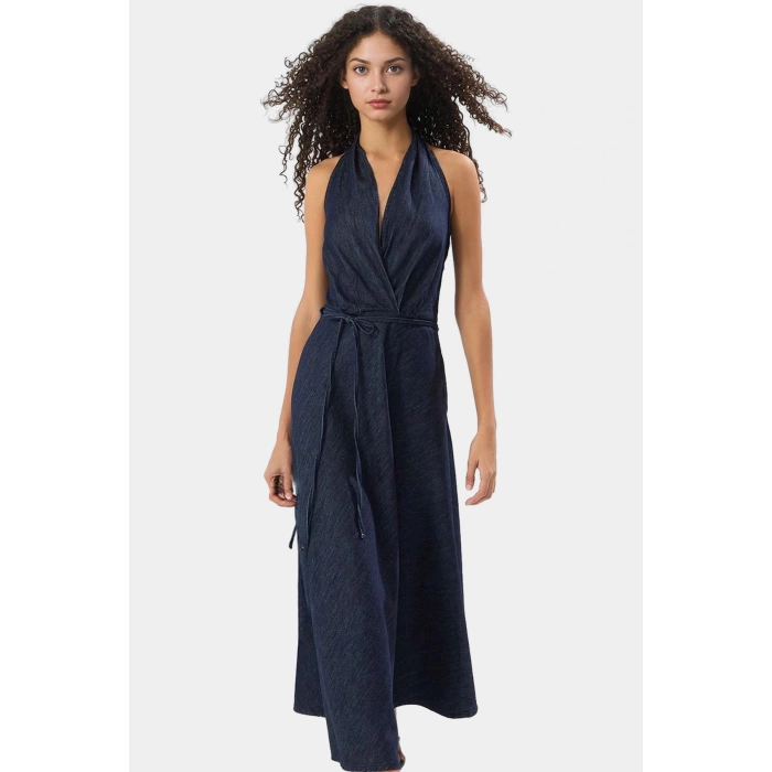 Cool & Comfort Denim Maxi Elbise Pamuk Halter Yaka Volanlı Detay Rahat Ve Şık Yüksek Kalite