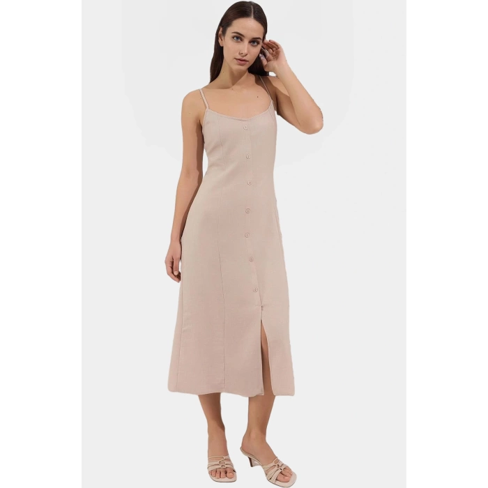 Cool & Comfort Dokuma Gömlek Elbise Polyester Midi Boy Kare Yaka Günlük Kullanım İçin