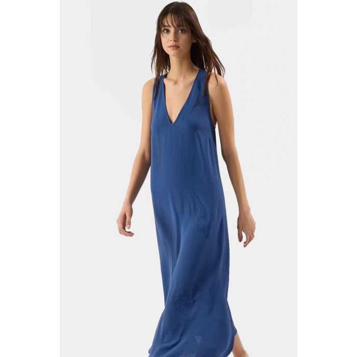 Cool & Comfort Maxi Elbise Polyester Dokuma V Yaka Düz Kesim Yazlık Uzun Ömürlü