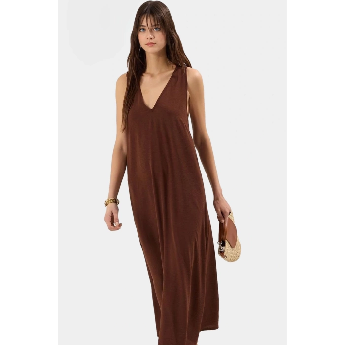 Cool & Comfort Maxi Elbise Polyester Dokuma V Yaka Düz Kesim Yazlık Uzun Ömürlü
