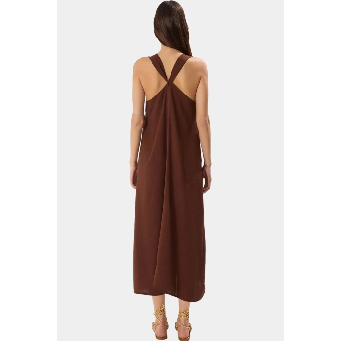 Cool & Comfort Maxi Elbise Polyester Dokuma V Yaka Düz Kesim Yazlık Uzun Ömürlü