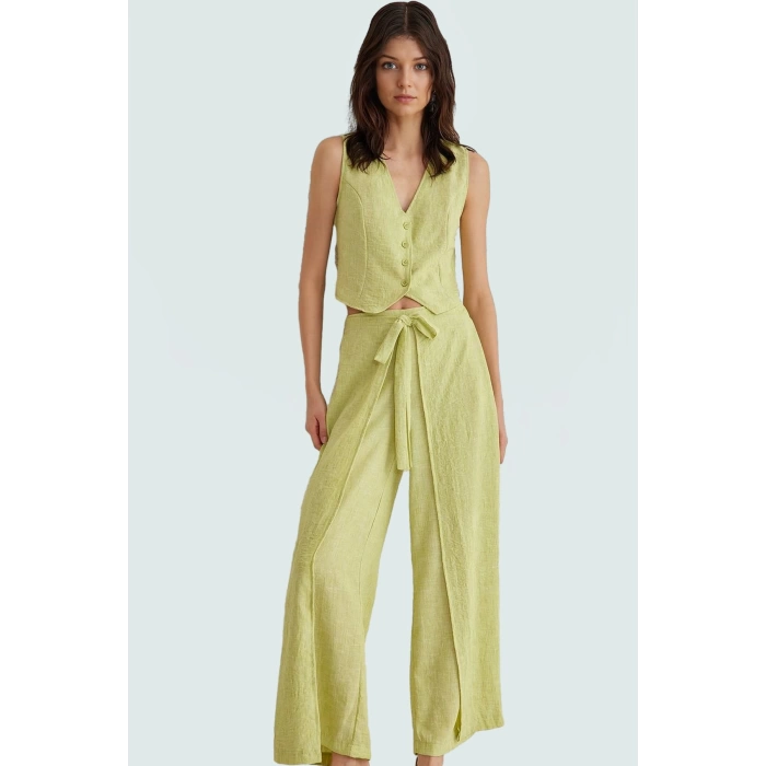 Cool & Comfort Polyester Geniş Paça Yelekli Pantolon Takım Özenle Seçilmiş Zarifane Tasarım