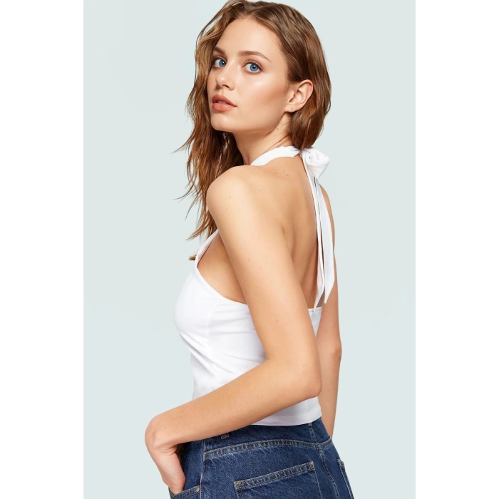 Crop Bluz Örme Boyundan Bağlamalı Rahat Günlük Stil Mükemmel Uyum Premium Kalite