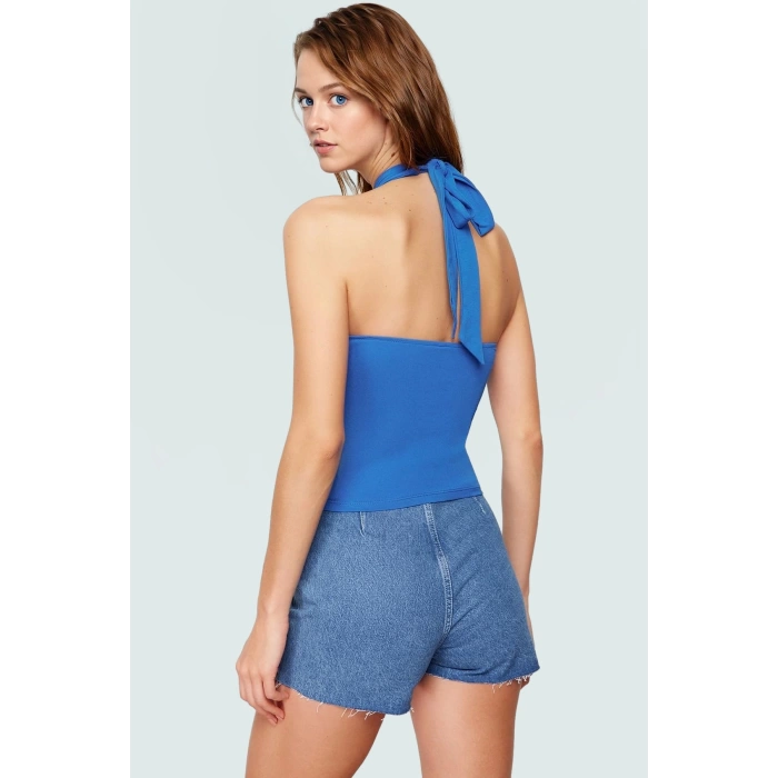 Crop Bluz Örme Boyundan Bağlamalı Rahat Günlük Stil Mükemmel Uyum Premium Kalite