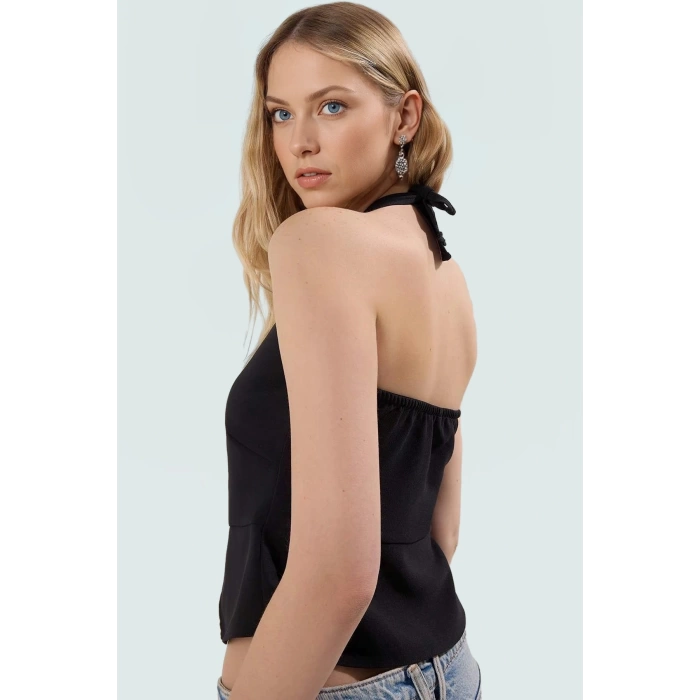 Crop Bluz V Yaka Kolsuz Fitted Polyester Elastan Karışım Trend Tasarım Özel