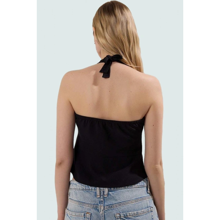 Crop Bluz V Yaka Kolsuz Fitted Polyester Elastan Karışım Trend Tasarım Özel
