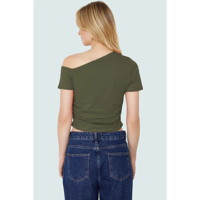 Crop Kısa Kollu Örme Bluz Asimetrik Yaka Günlük Stil Uzun Ömürlü Konforlu Kesim Mükemmel Uyum