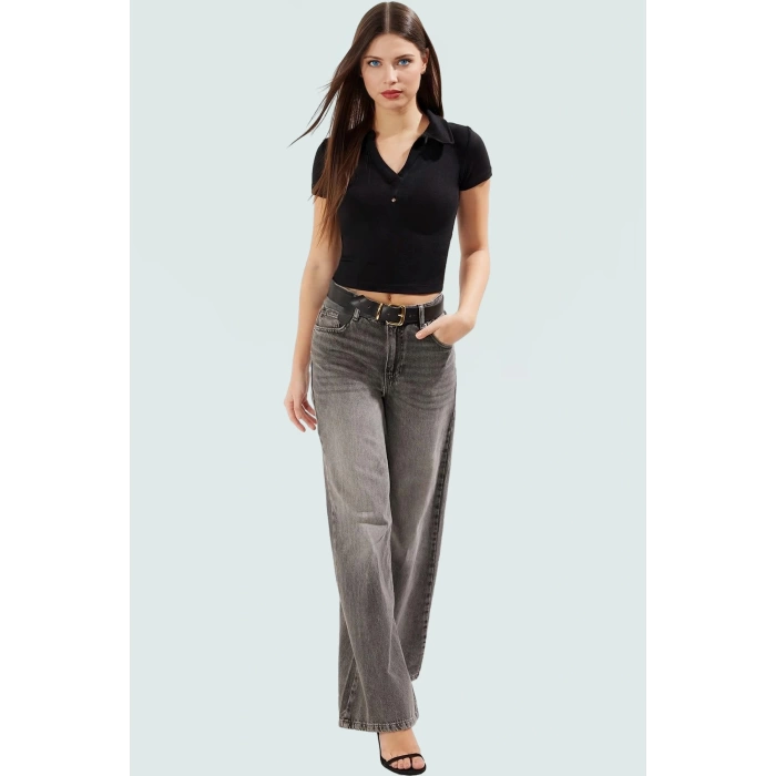 Crop Polo Yaka Bluz Rahat Şık Nefes Alan Viskoz Kumaş Konforlu Kesim Premium Kalite
